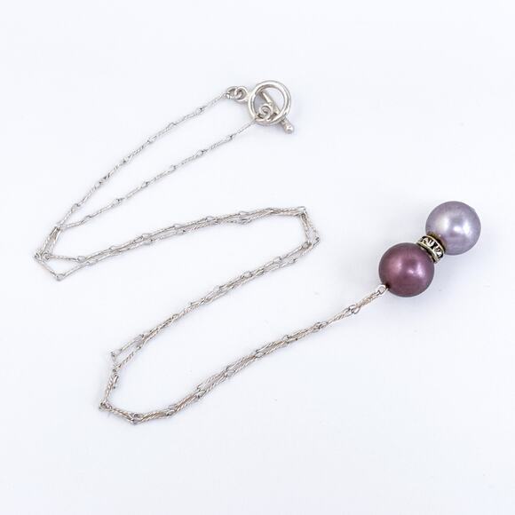 Vintage Sterling Silver 925 Purple Pearl and Cubic Zirconia Pendant Necklace 18" - Picture 2 of 6